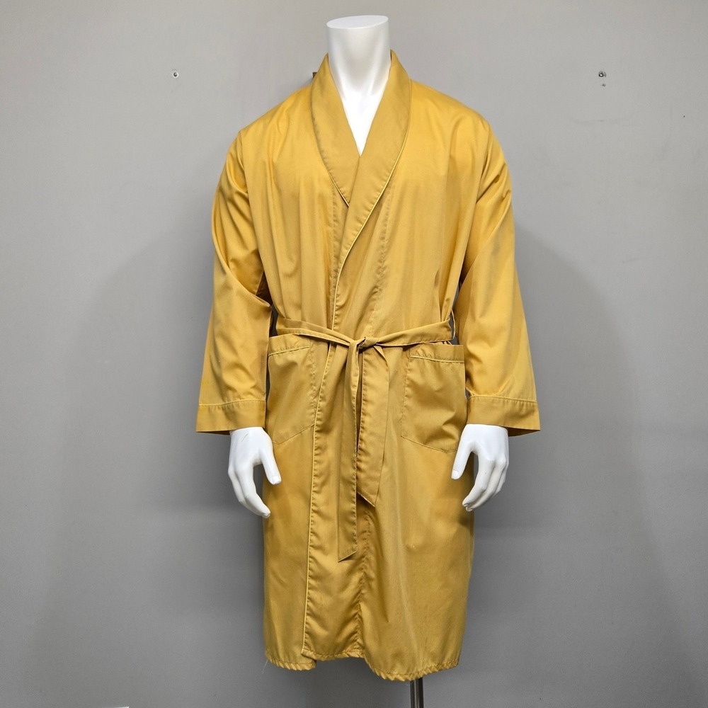 Vintage 70s Andhurst Robe Men Large Mustard Yellow Dacron Belted Bathrobe Retro